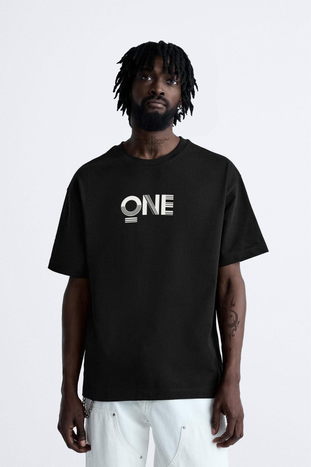 One Baskılı Siyah Oversize Tshirt