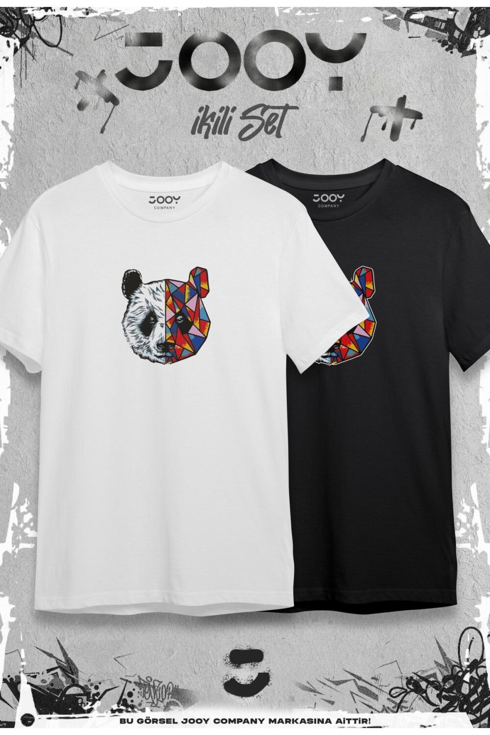 Panda Baskılı Bisiklet Yaka Tshirt Siyah Beyaz 2’li Set