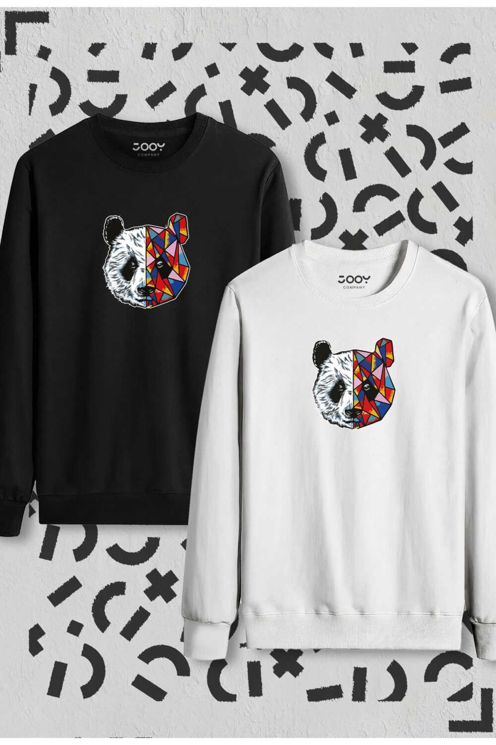 Panda Baskılı Siyah Beyaz Bisiklet Yaka Sweatshirt 2’li Set