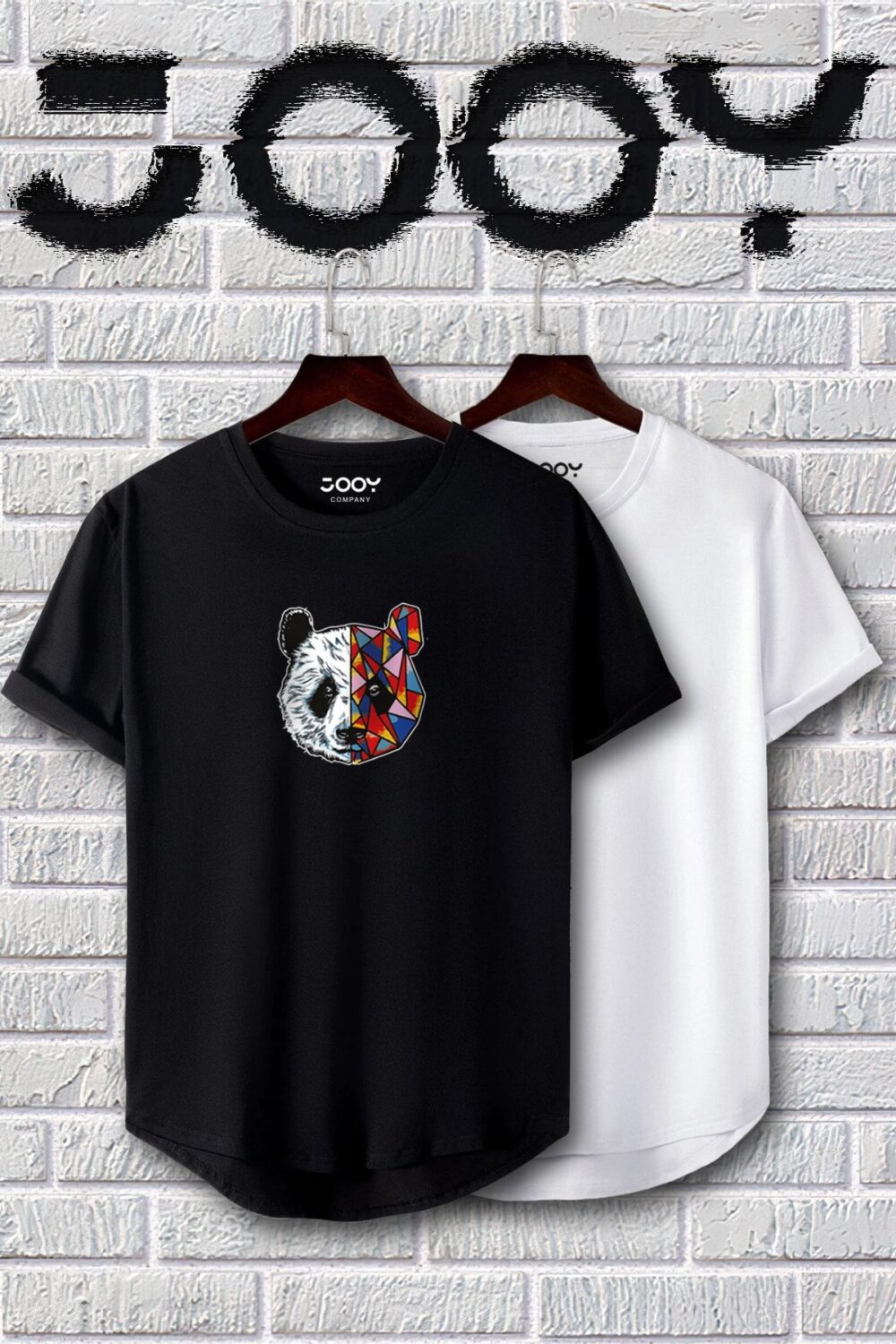 Panda Baskılı Siyah Beyaz Oval Kesim Tshirt 2’li Set