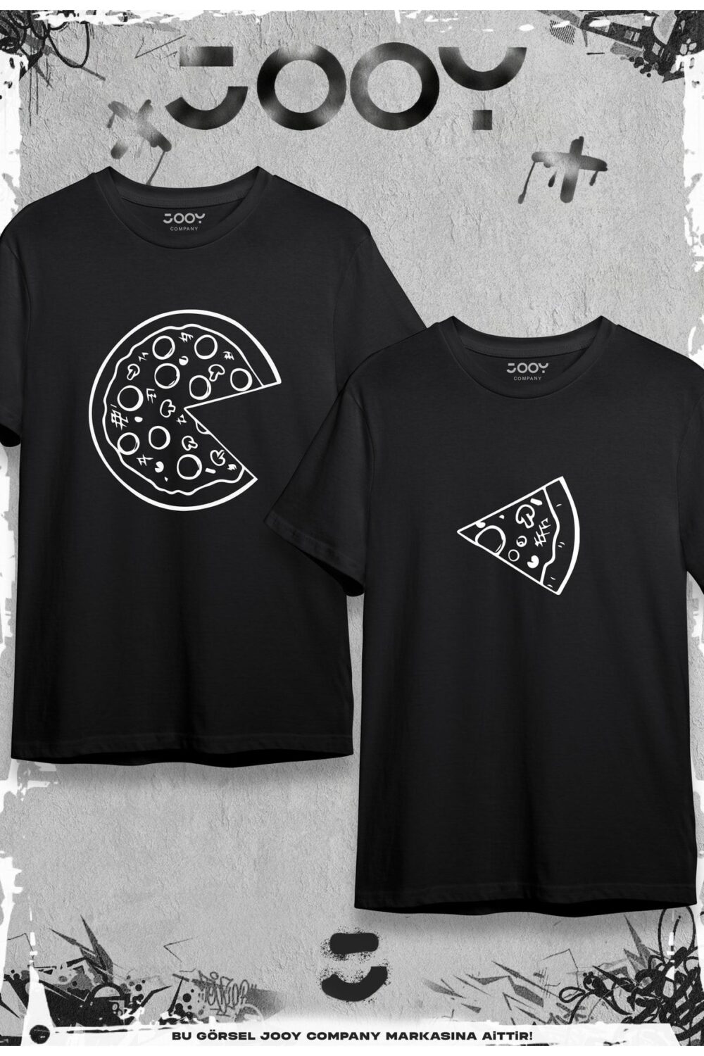 Pizza Dilimi Tasarım Sevgili Çift Kombini Siyah Oversize Tshirt 2’li Set