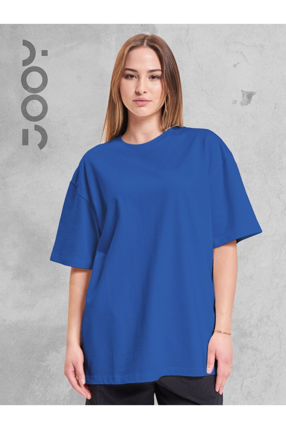 Saks Mavi Bisiklet Yaka Oversize Boyfriend Basic Tshirt