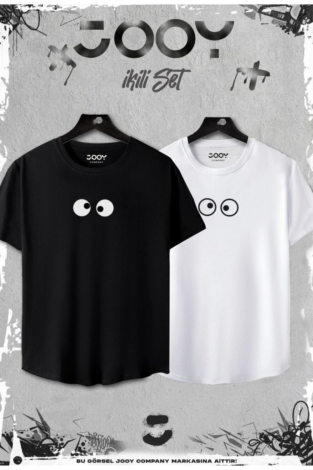 Şaşkın Göz Tasarım Siyah Beyaz Oval Kesim T-Shirt 2’li Set