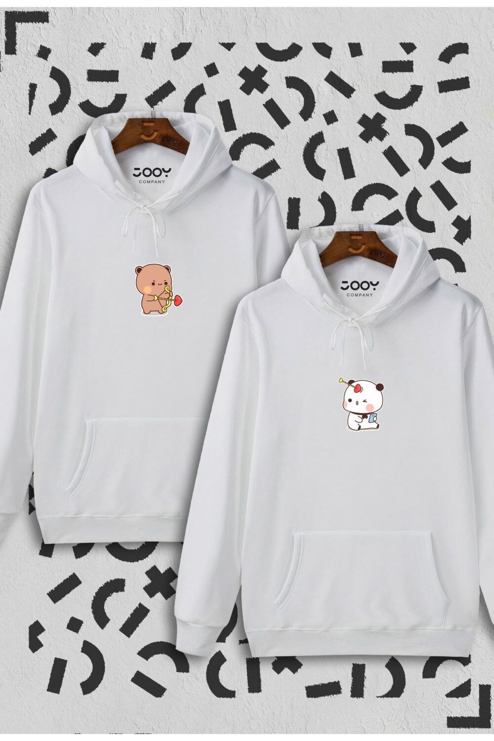 Sevgili Ayıcık Tasarım Çift Kombini Beyaz Kapüşonlu Sweatshirt 2’li Set