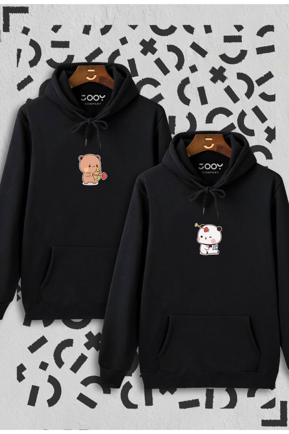 Sevgili Ayıcık Tasarım Çift Kombini Siyah Kapüşonlu Sweatshirt 2’li Set