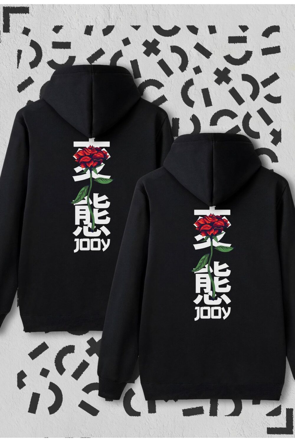 Sevgili Çift Kombini Japan Rose Siyah Kapüşonlu Sweatshirt 2’li Set