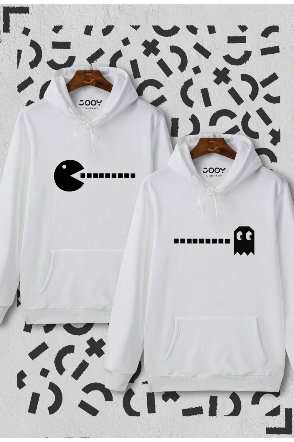 Sevgili Çift Kombini Pacman Tasarım Beyaz Kapüşonlu Sweatshirt 2’li Set