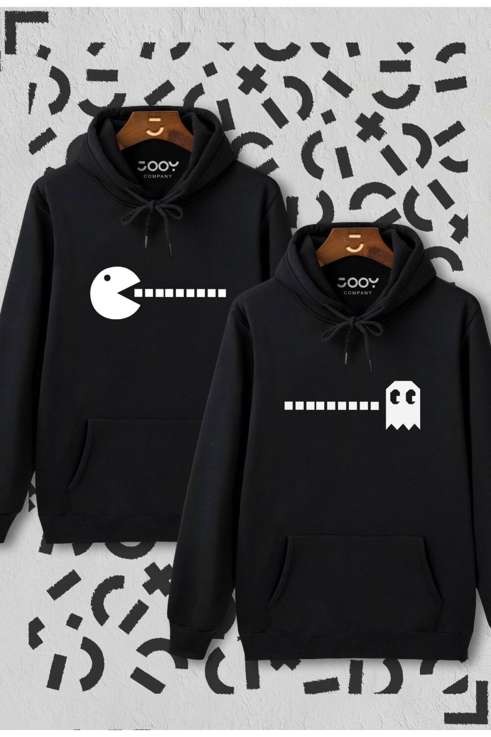 Sevgili Çift Kombini Pacman Tasarım Siyah Kapüşonlu Sweatshirt 2’li Set