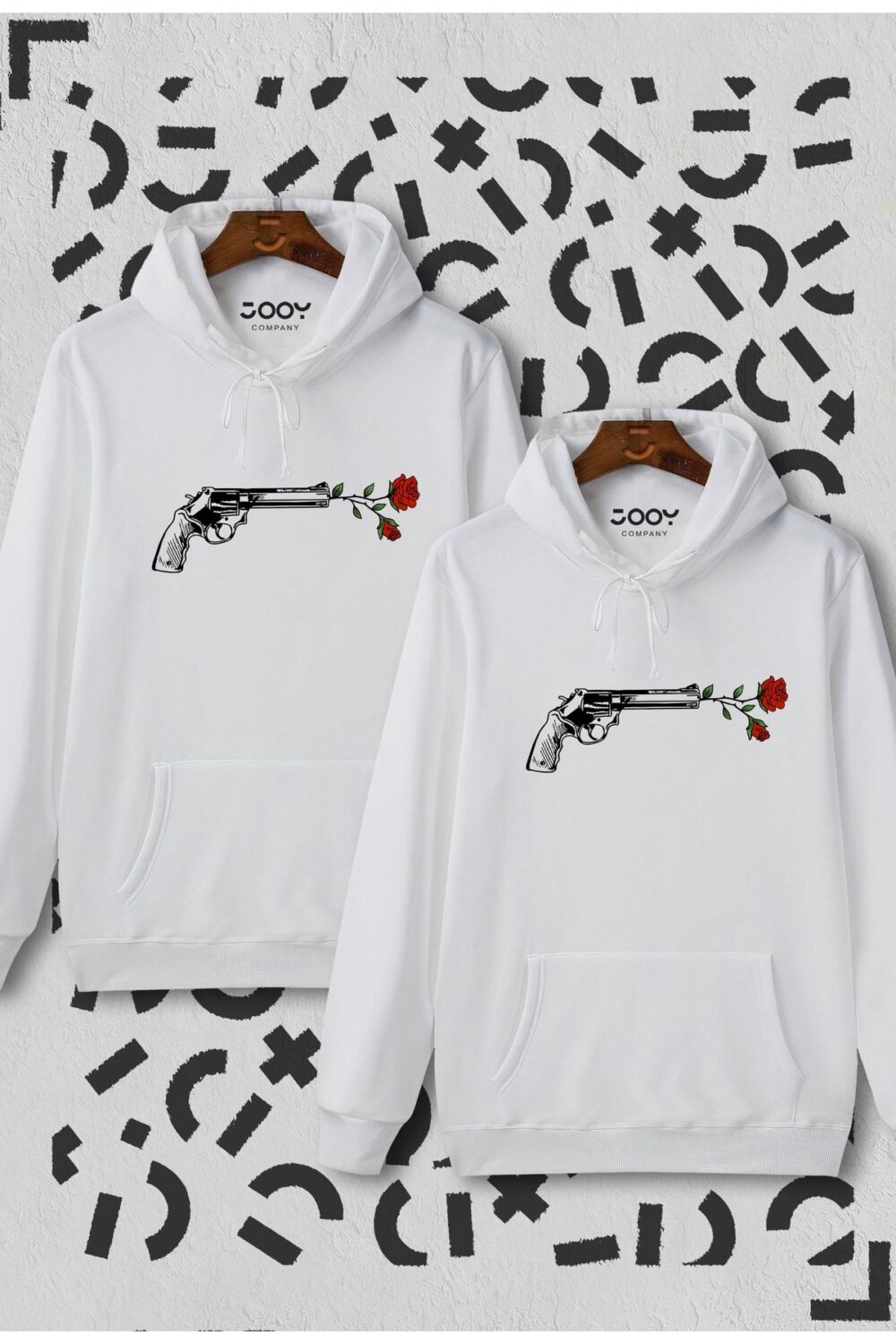 Sevgili Çift Kombini Silah Ve Gül Tasarım Beyaz Kapüşonlu Sweatshirt 2’li Set