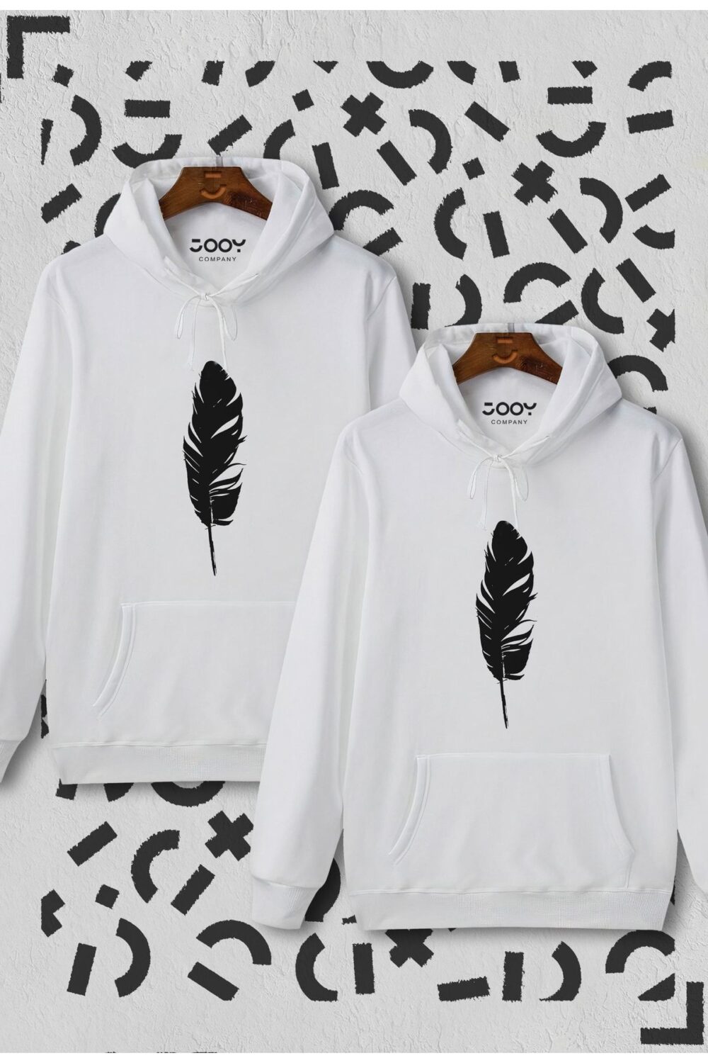 Sevgili Çift Kombini Tüy Baskılı Beyaz Kapüşonlu Sweatshirt 2’li Set