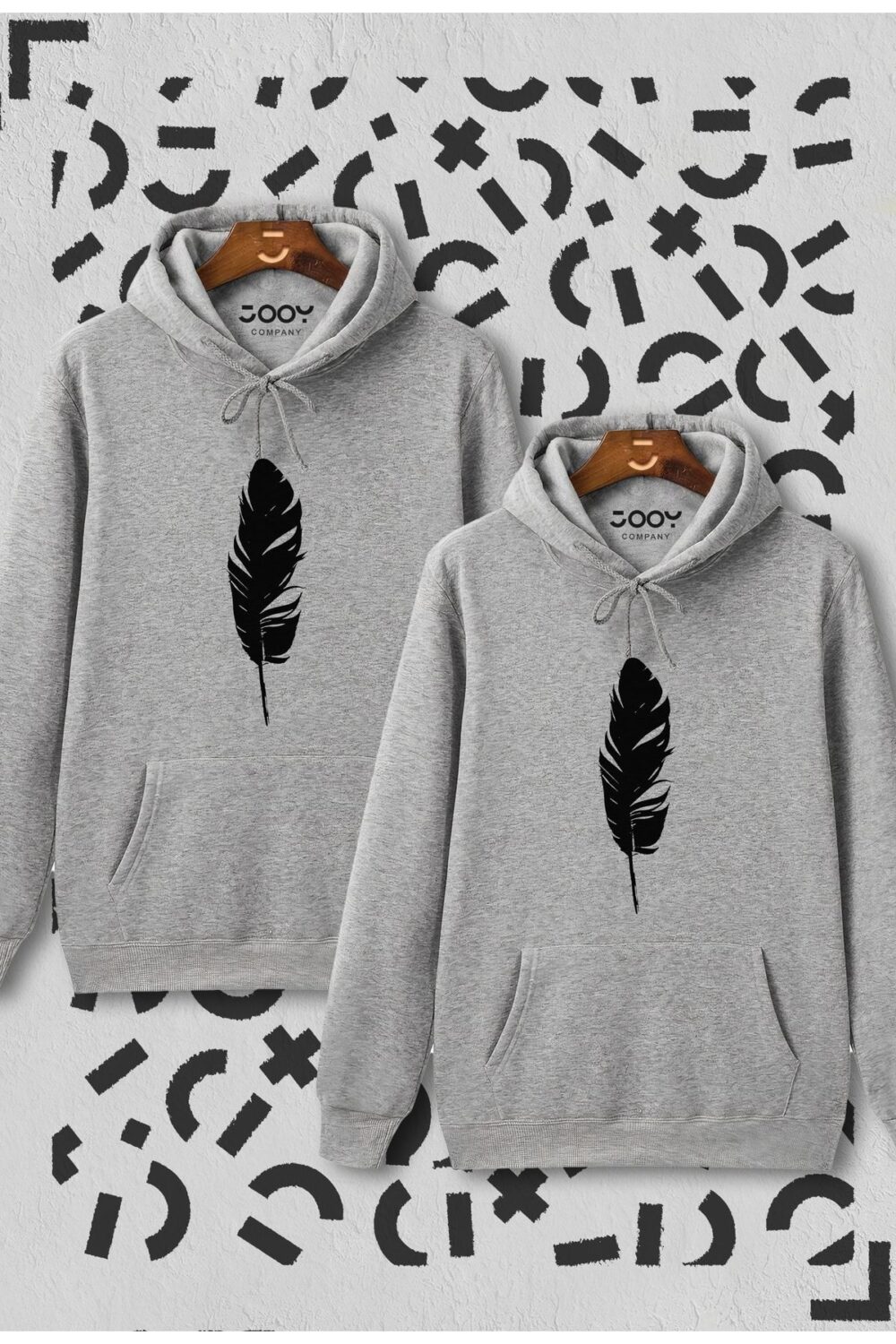 Sevgili Çift Kombini Tüy Baskılı Gri Kapüşonlu Sweatshirt 2’li Set