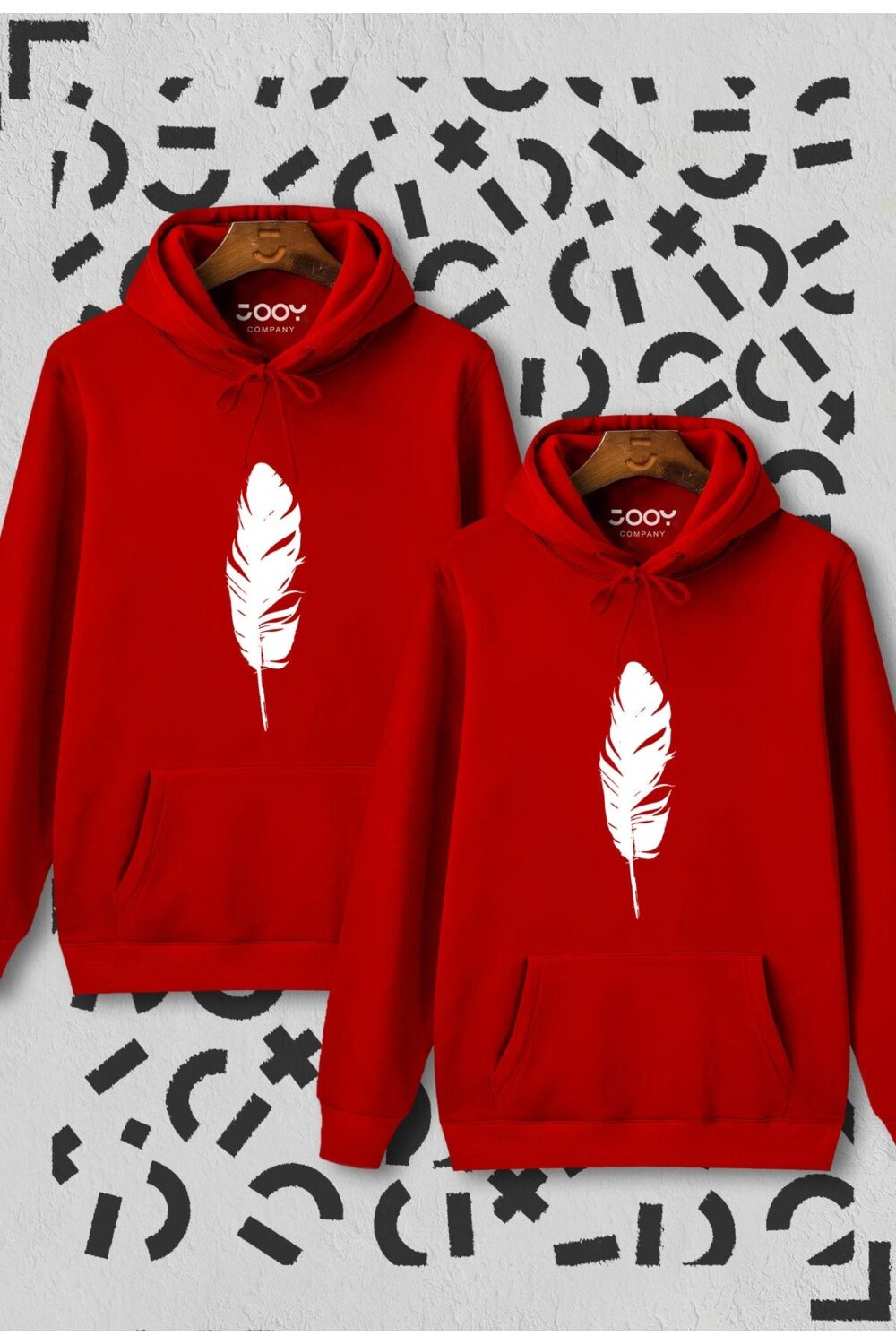 Sevgili Çift Kombini Tüy Baskılı Kırmızı Kapüşonlu Sweatshirt 2’li Set