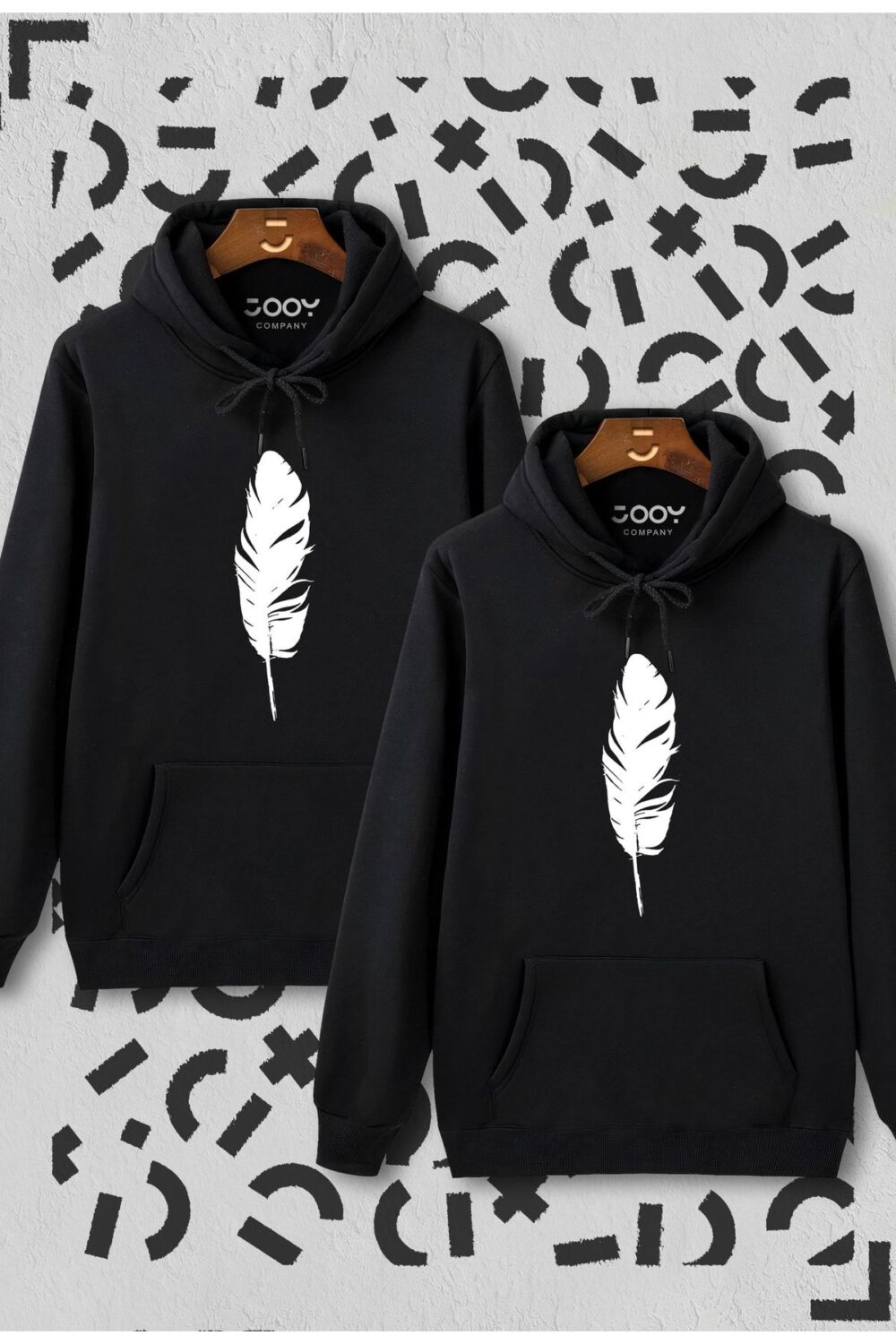 Sevgili Çift Kombini Tüy Baskılı Siyah Kapüşonlu Sweatshirt 2’li Set