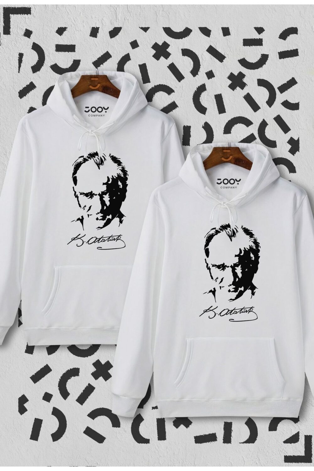 Sevgili Çift Kombinleri Atatürk Siluet Beyaz Kapüşonlu Sweatshirt 2’li Set