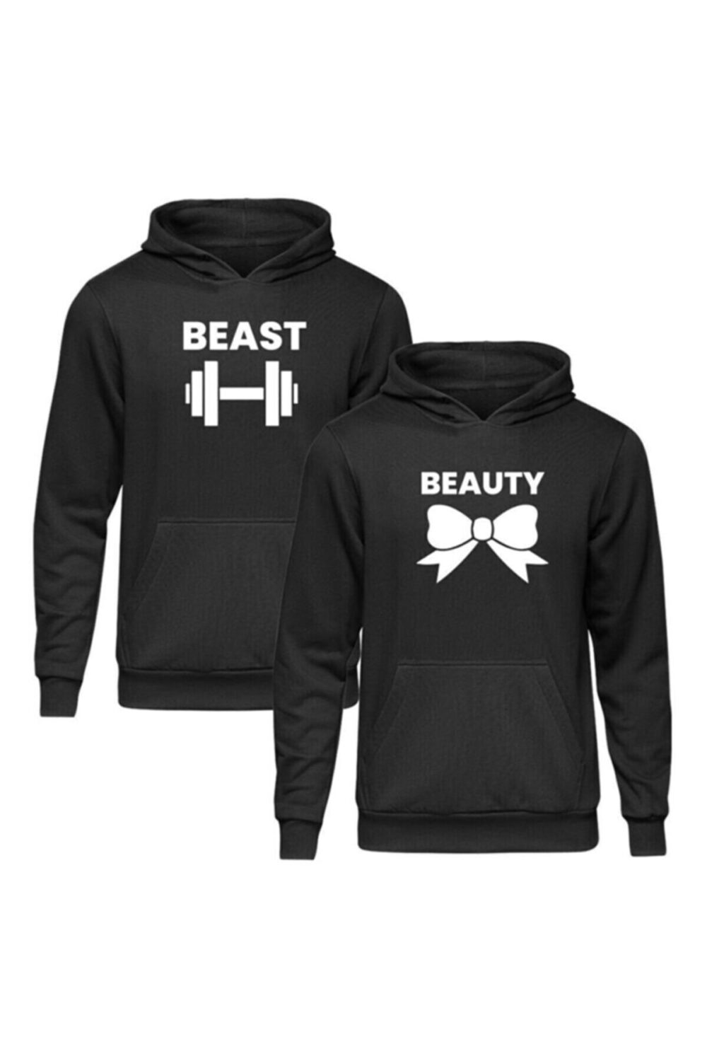 Sevgili Çift Kombinleri Beast Beauty 2 Ürün Siyah Kapüşonlu Hoodie Sweatshirt