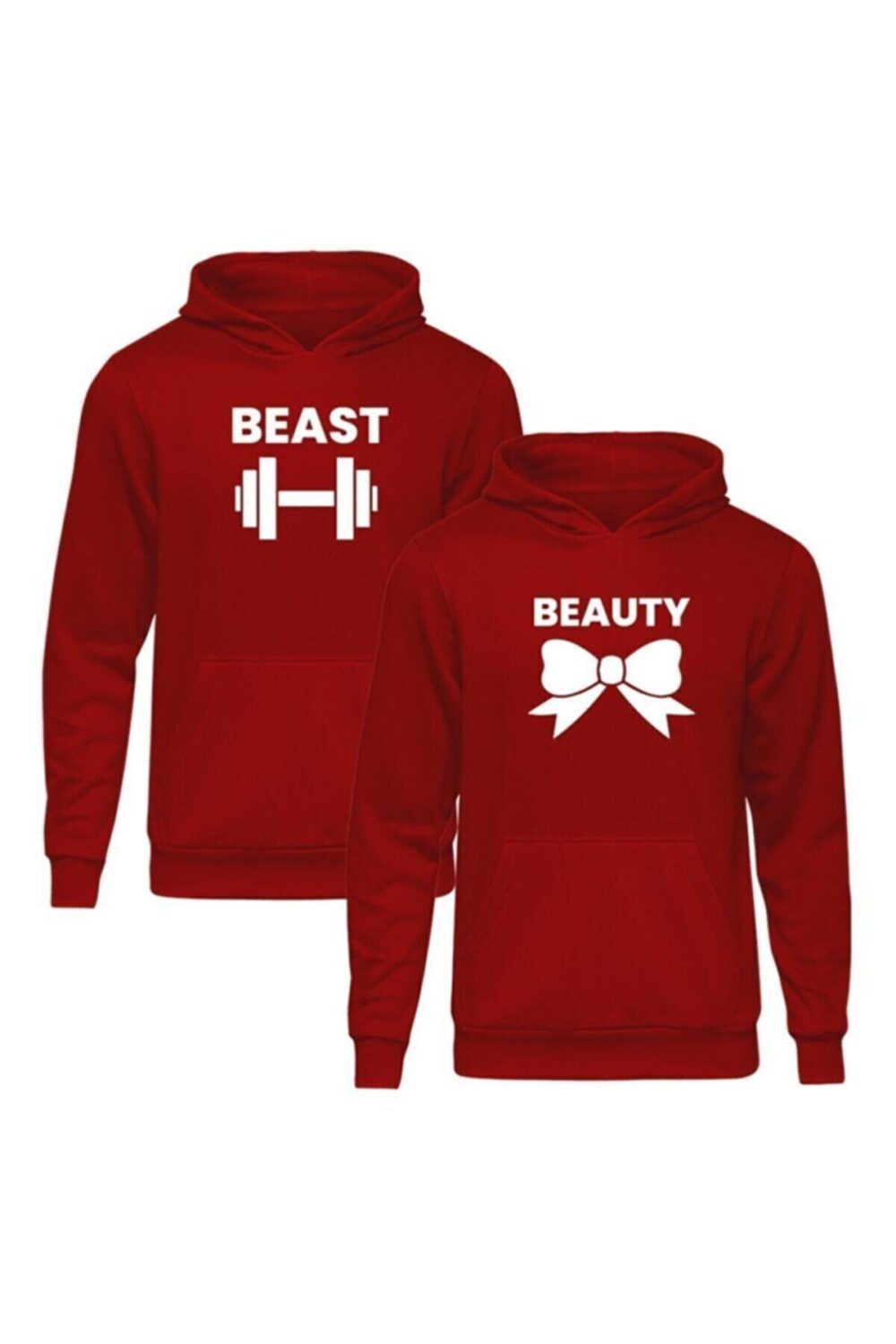 Sevgili Çift Kombinleri Beauty 2 Ürün Kırmızı Kapüşonlu Hoodie Sweatshirt