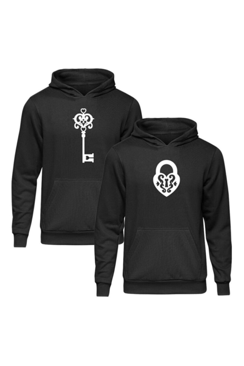 Sevgili Çift Kombinleri Kilit Anahtar 2 Ürün Siyah Kapüşonlu Hoodie Sweatshirt