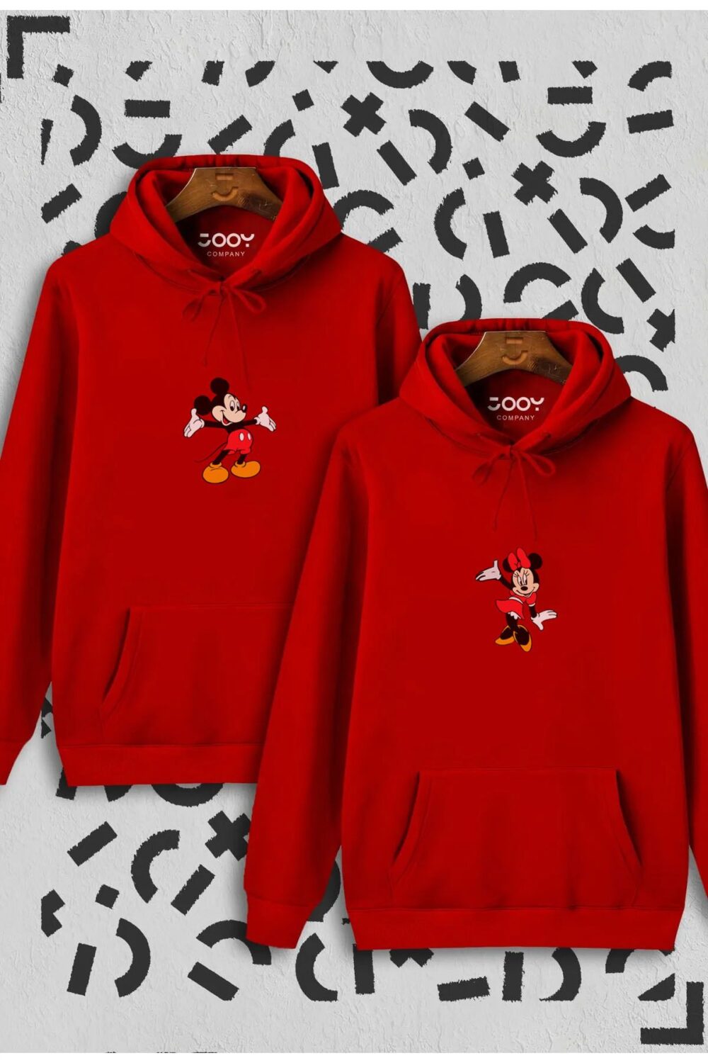 Sevgili Çift Kombinleri Mickey Minnie 2 Ürün Kırmızı Kapüşonlu Hoodie Sweatshirt