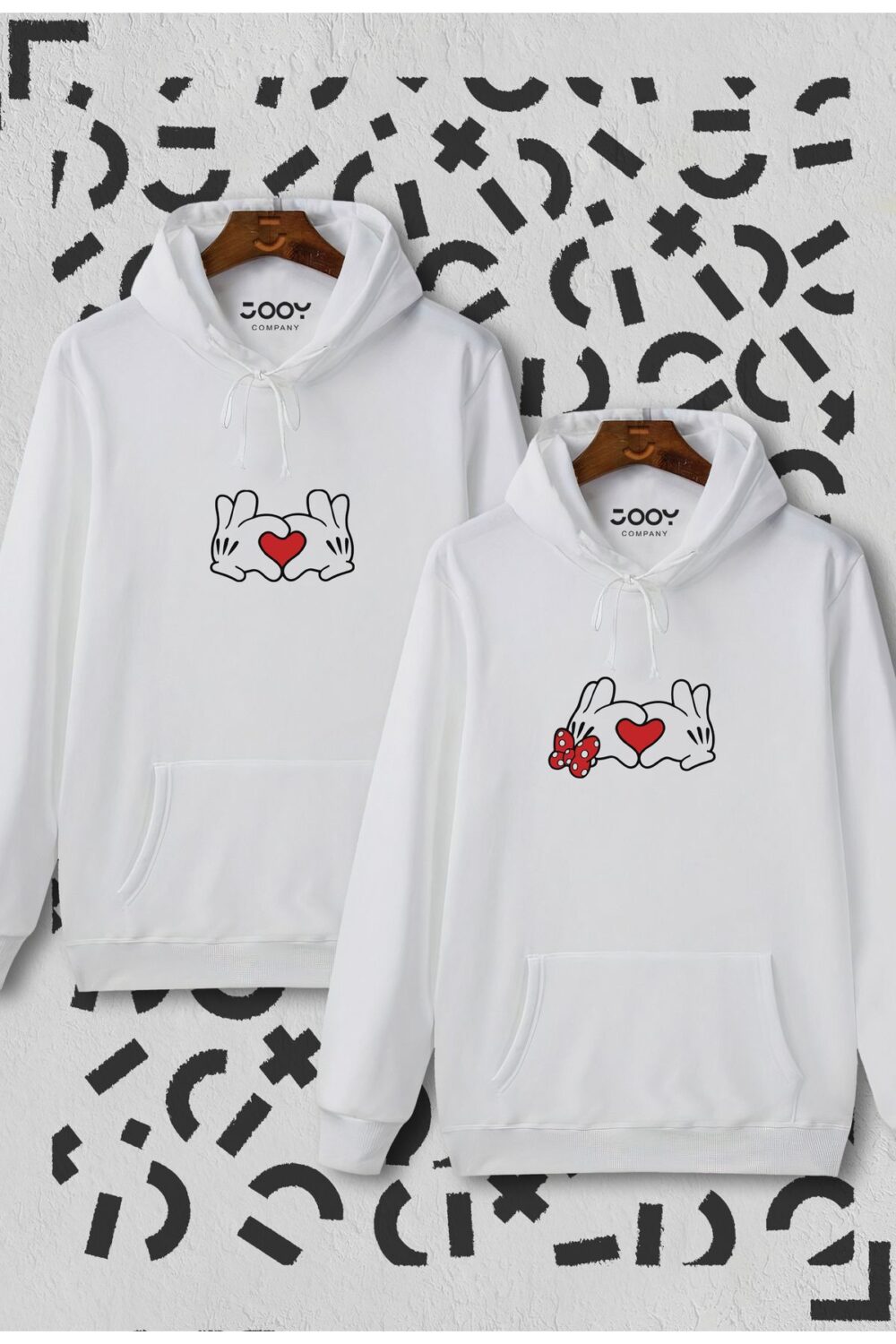 Sevgili Çift Kombinleri Mickey Minnie Kalp El 2 Ürün Beyaz Kapüşonlu Hoodie Sweatshirt