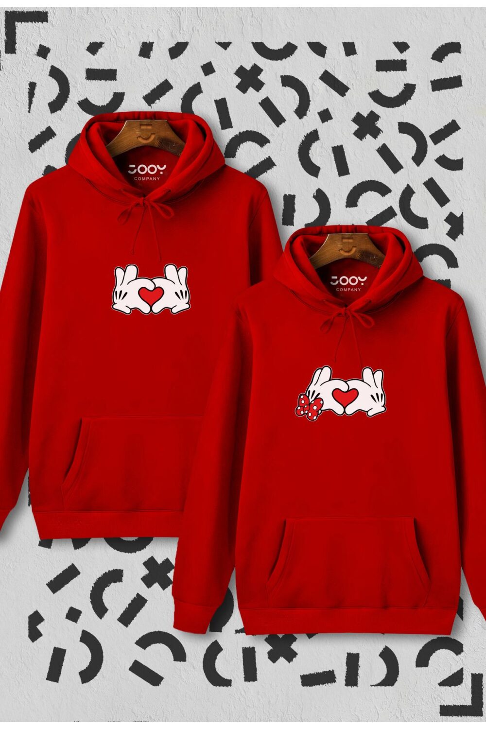 Sevgili Çift Kombinleri Mickey Minnie Kalp El 2 Ürün Kırmızı Kapüşonlu Sweatshirt Hoodie