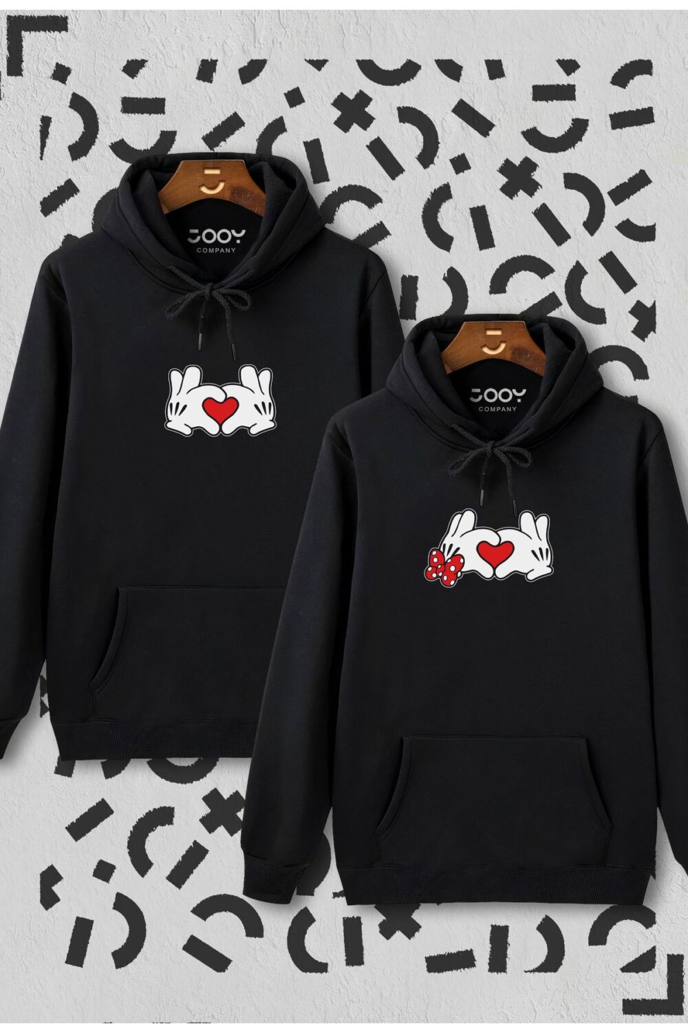 Sevgili Çift Kombinleri Mickey Minnie Kalp El 2 Ürün Siyah Kapüşonlu Hoodie Sweatshirt