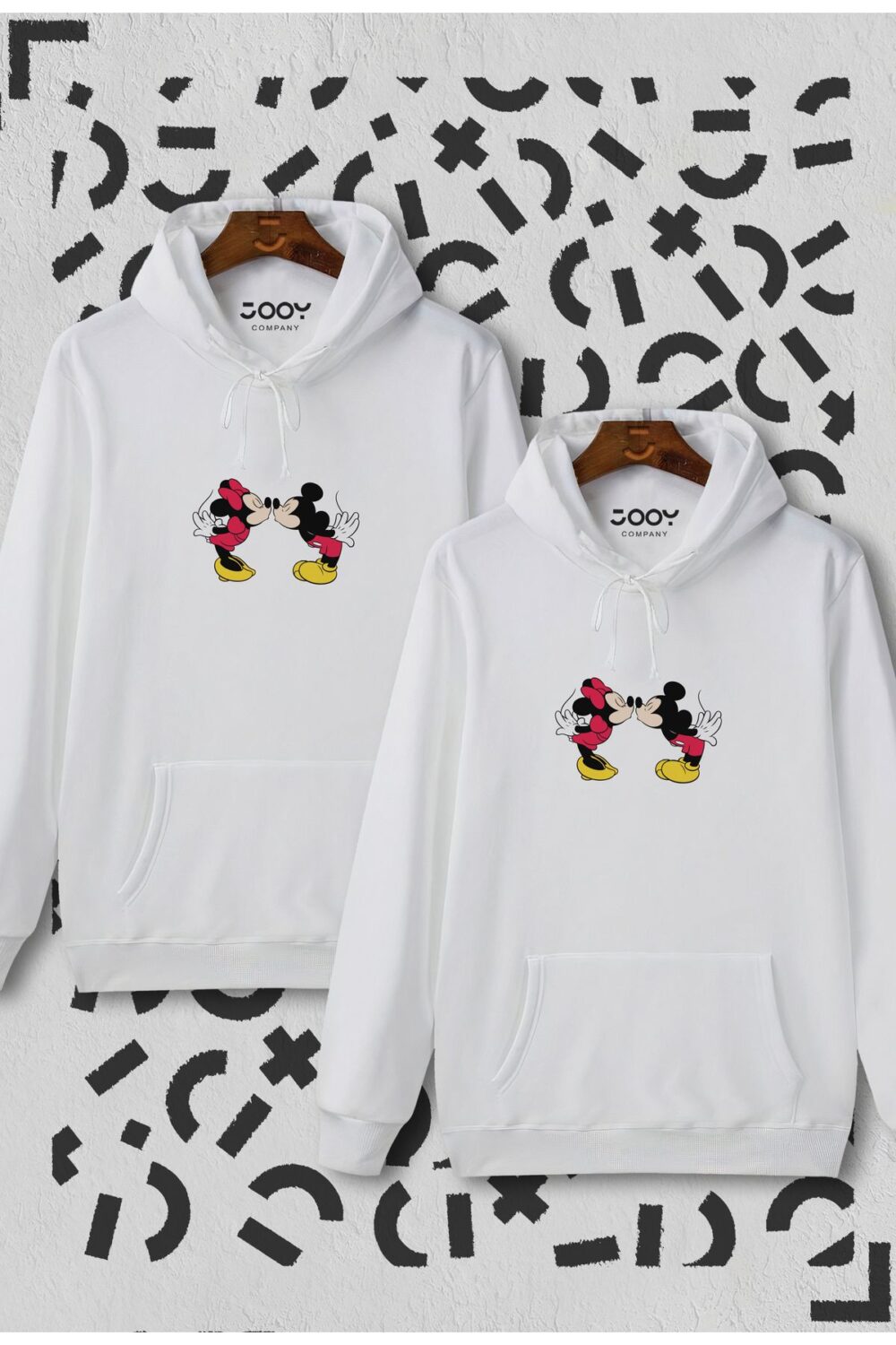 Sevgili Çift Kombinleri Mickey & Minny Öpücük Basklı 2 Ürün Beyaz Kapüşonlu Sweatshirt Hoodie