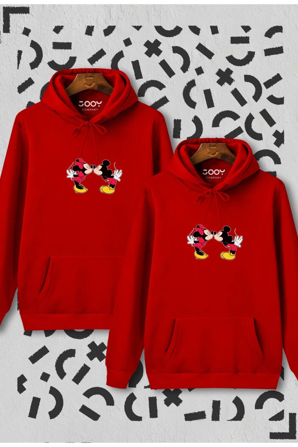 Sevgili Çift Kombinleri Mickey & Minny Öpücük Basklı 2 Ürün Kırmızı Kapüşonlu Sweatshirt Hoodie