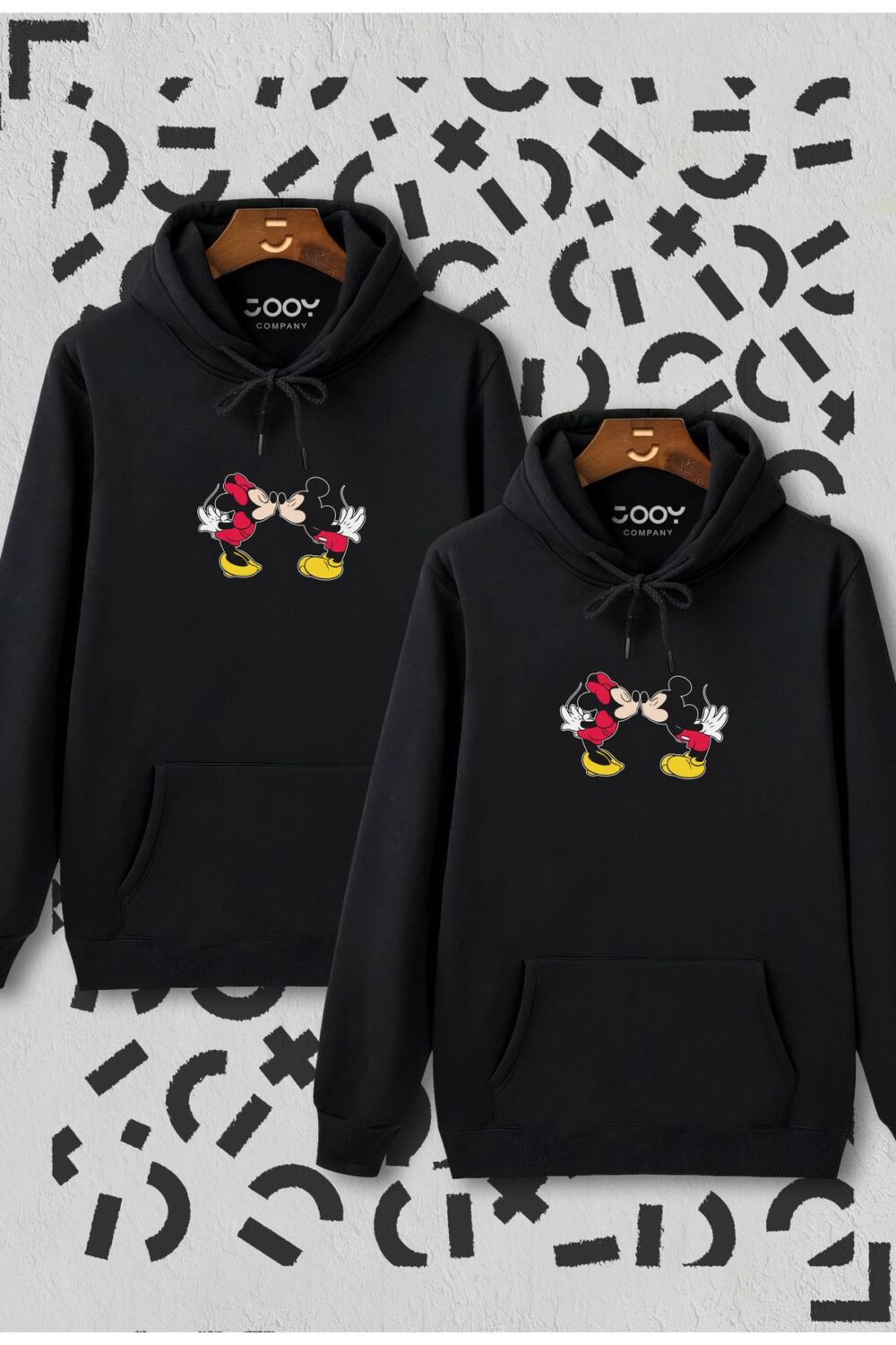 Sevgili Çift Kombinleri Mickey & Minny Öpücük Basklı 2 Ürün Siyah Kapüşonlu Sweatshirt Hoodie