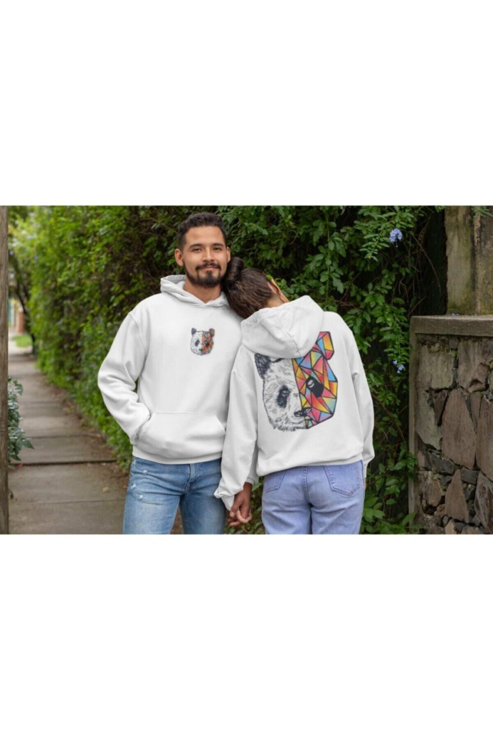 Sevgili Çift Kombinleri Panda Tasarım 2 Ürün Beyaz Kapüşonlu Sweatshirt