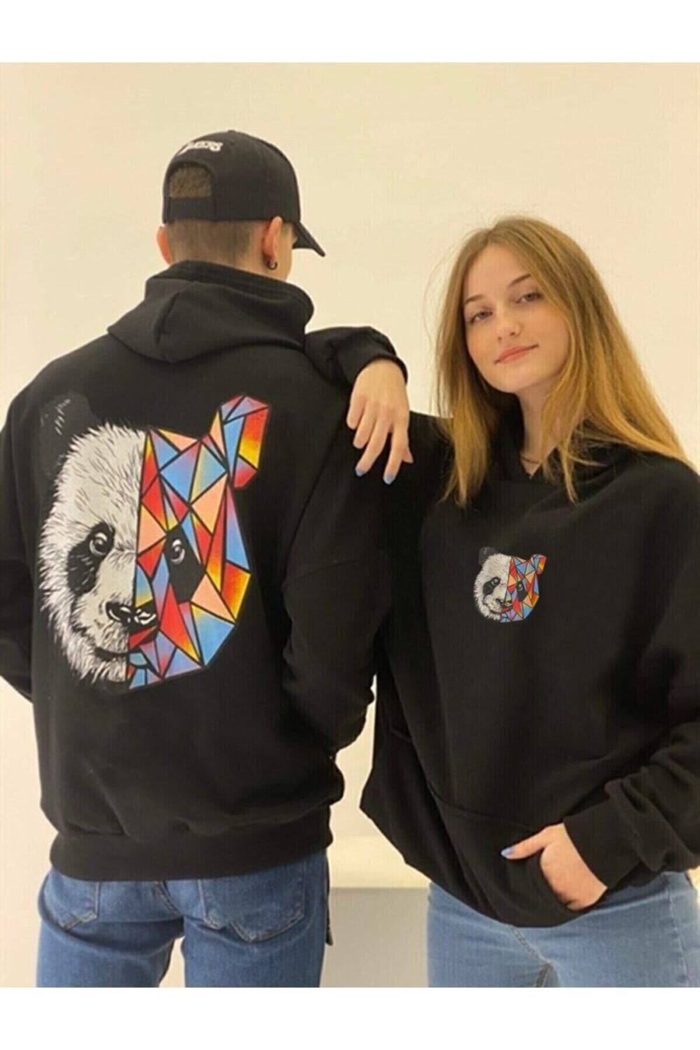 Sevgili Çift Kombinleri Panda Tasarım 2 Ürün Siyah Kapüşonlu Sweatshirt