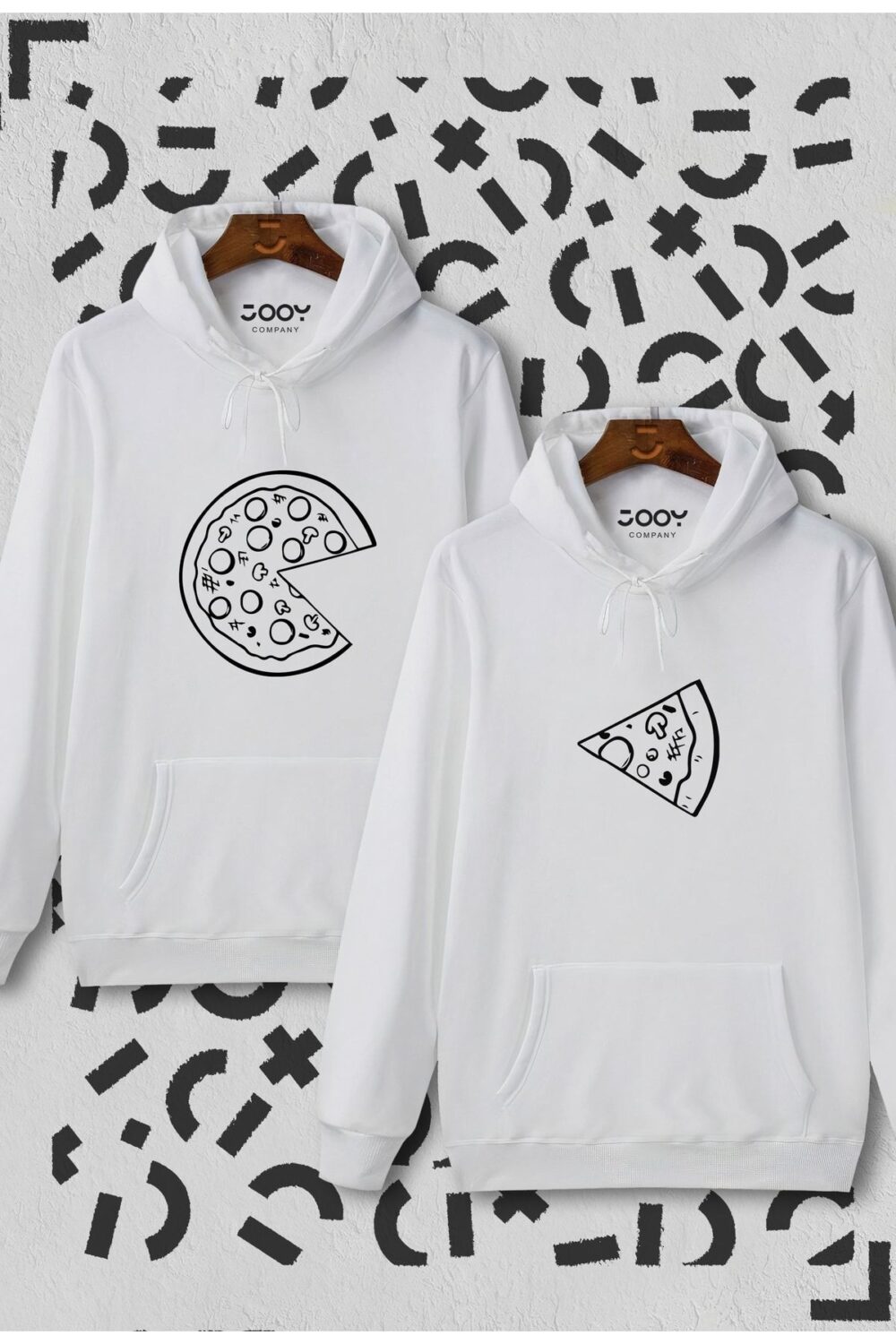 Sevgili Çift Kombinleri Pizza Slice 2 Ürün Beyaz Kapüşonlu Hoodie Sweatshirt