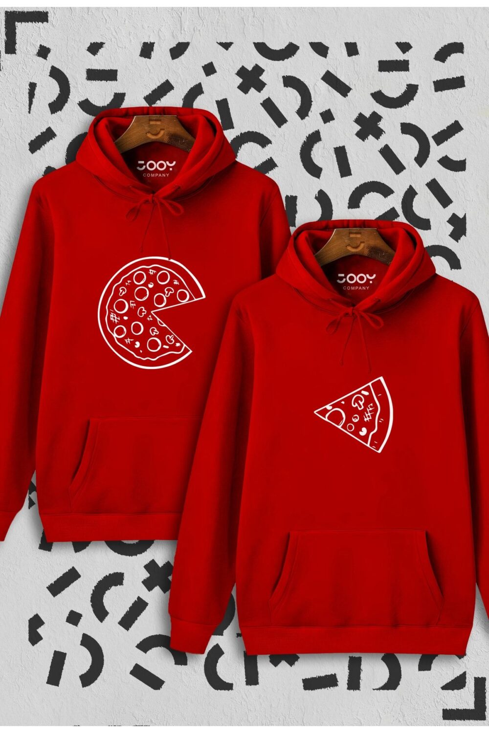 Sevgili Çift Kombinleri Pizza Slice 2 Ürün Kırmızı Kapüşonlu Hoodie Sweatshirt