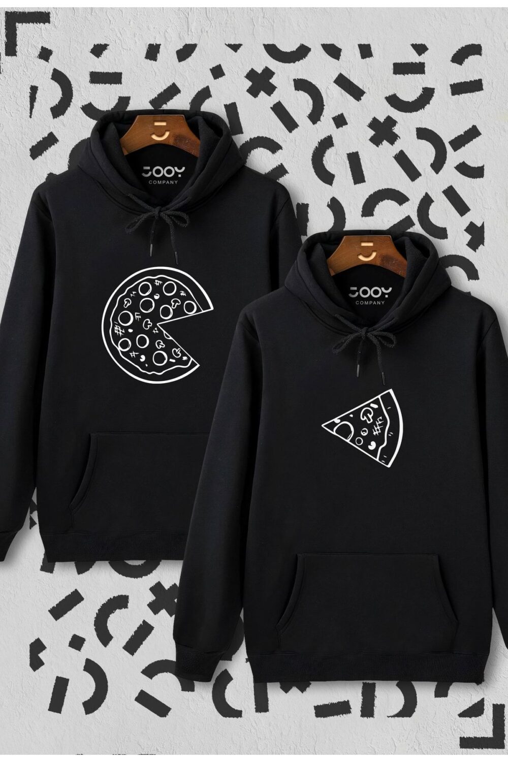 Sevgili Çift Kombinleri Pizza Slice 2 Ürün Siyah Kapüşonlu Hoodie Sweatshirt