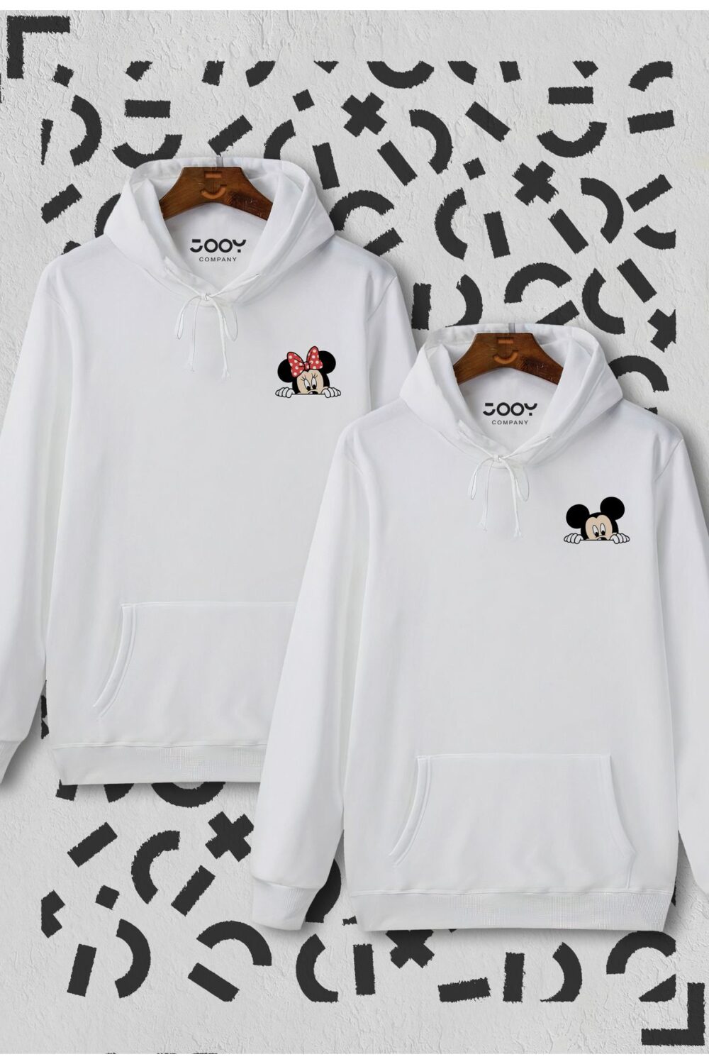 Sevgili Çift Kombinleri Saklanan Mickey & Minny Basklı 2 Ürün Beyaz Kapüşonlu Sweatshirt Hoodie