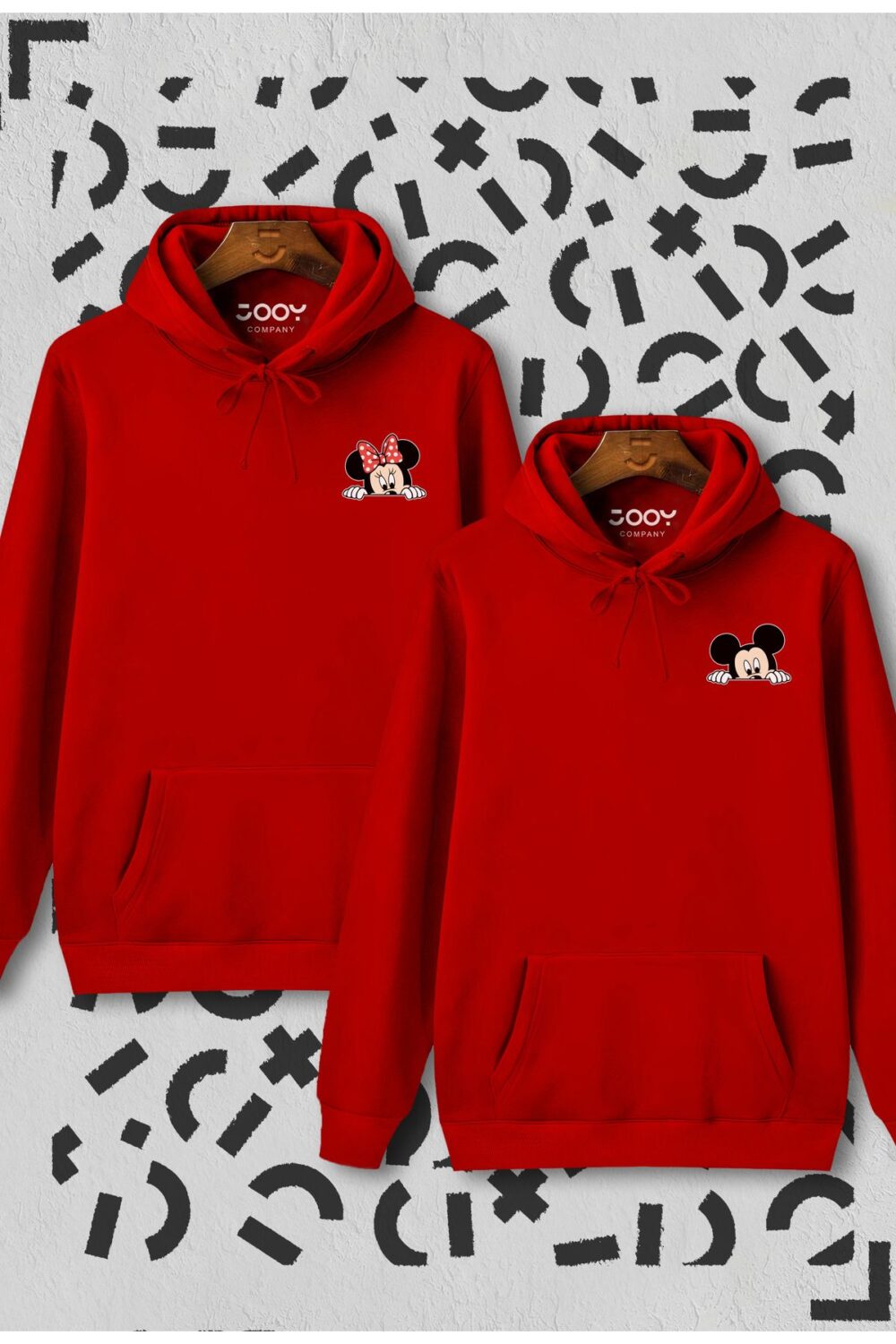 Sevgili Çift Kombinleri Saklanan Mickey & Minny Basklı 2 Ürün Kırmızı Kapüşonlu Sweatshirt Hoodie