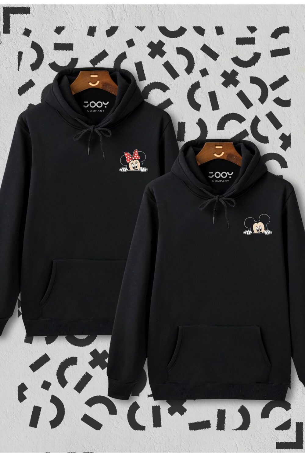 Sevgili Çift Kombinleri Saklanan Mickey & Minny Basklı 2 Ürün Siyah Kapüşonlu Sweatshirt Hoodie