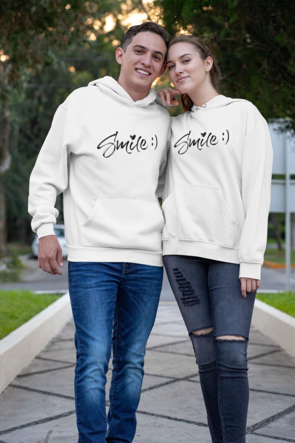 Sevgili Çift Kombinleri Smile 2 Ürün Beyaz Kapüşonlu Sweatshirt