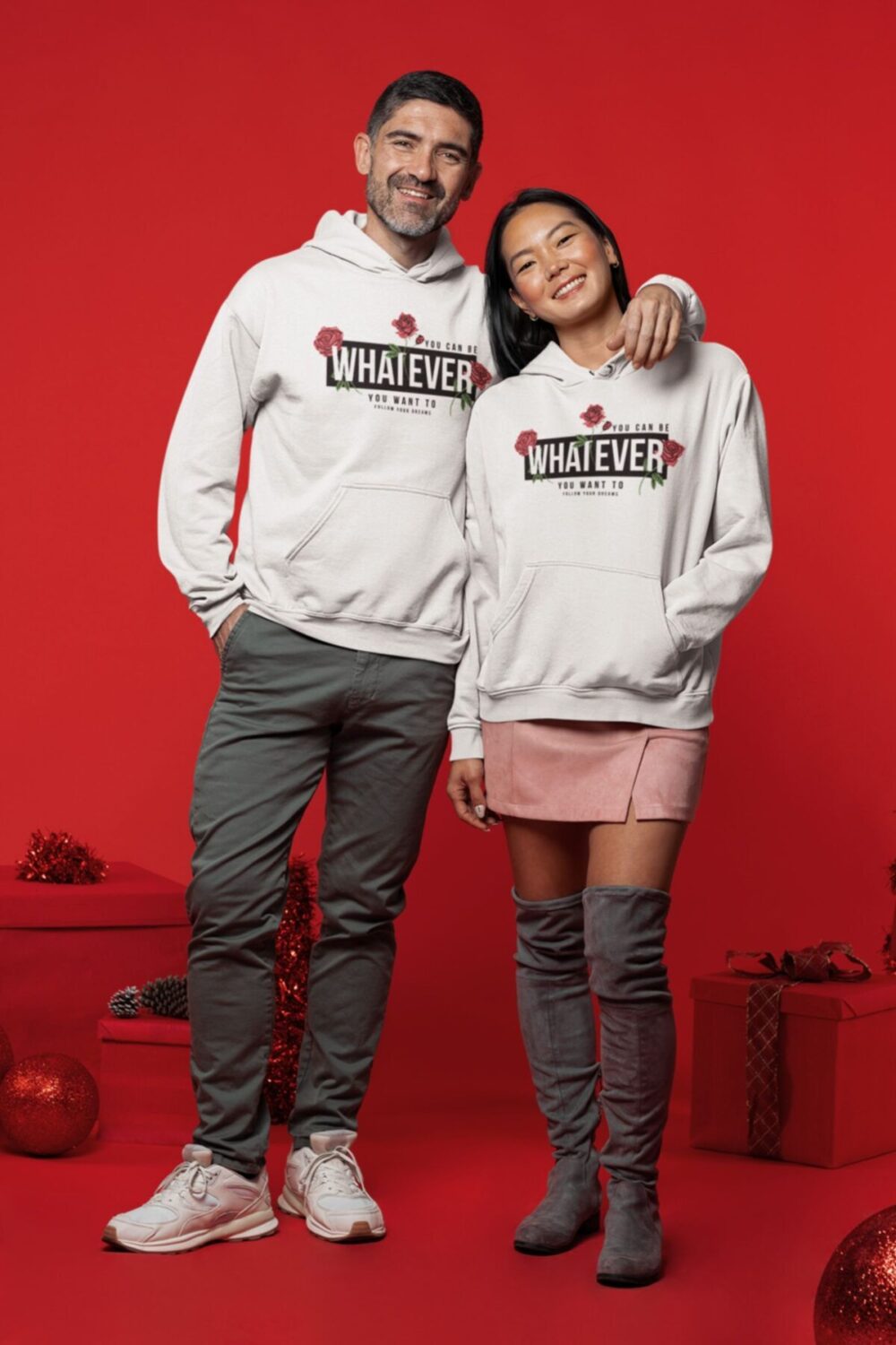 Sevgili Çift Kombinleri Whatever 2 Ürün Beyaz Kapüşonlu Sweatshirt