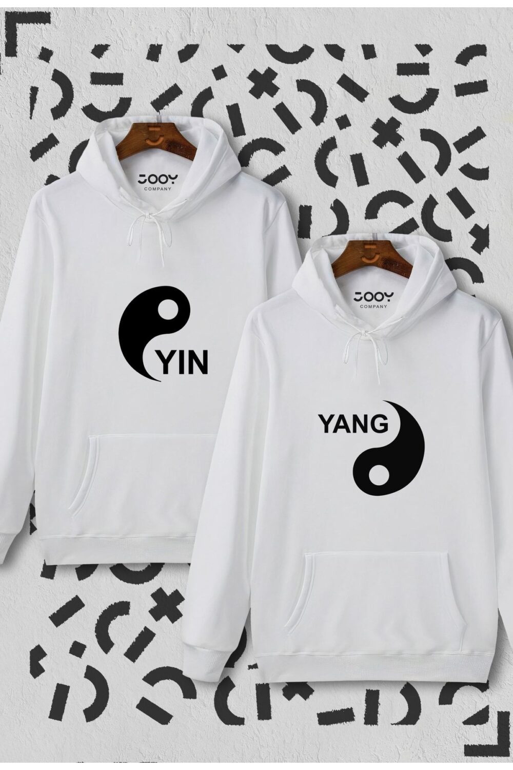 Sevgili Çift Kombinleri Yin Yang 2 Ürün Beyaz Kapüşonlu Sweatshirt