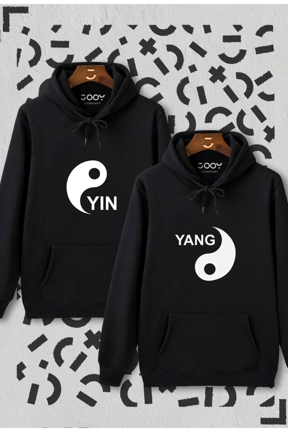 Sevgili Çift Kombinleri Yin Yang 2 Ürün Siyah Kapüşonlu Sweatshirt