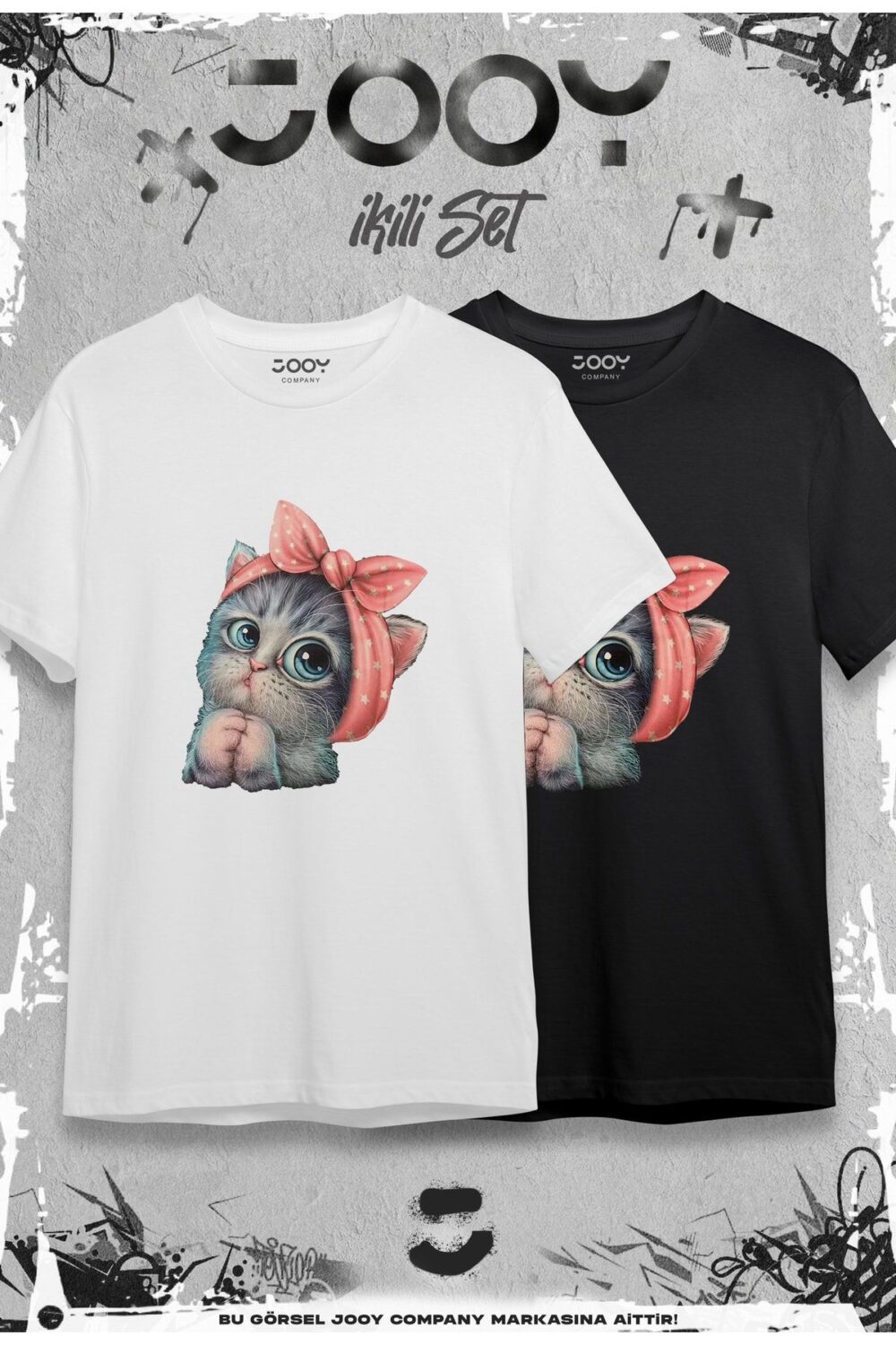 Sevimli Kedi Baskılı Bisiklet Yaka Tshirt Siyah Beyaz 2’li Set