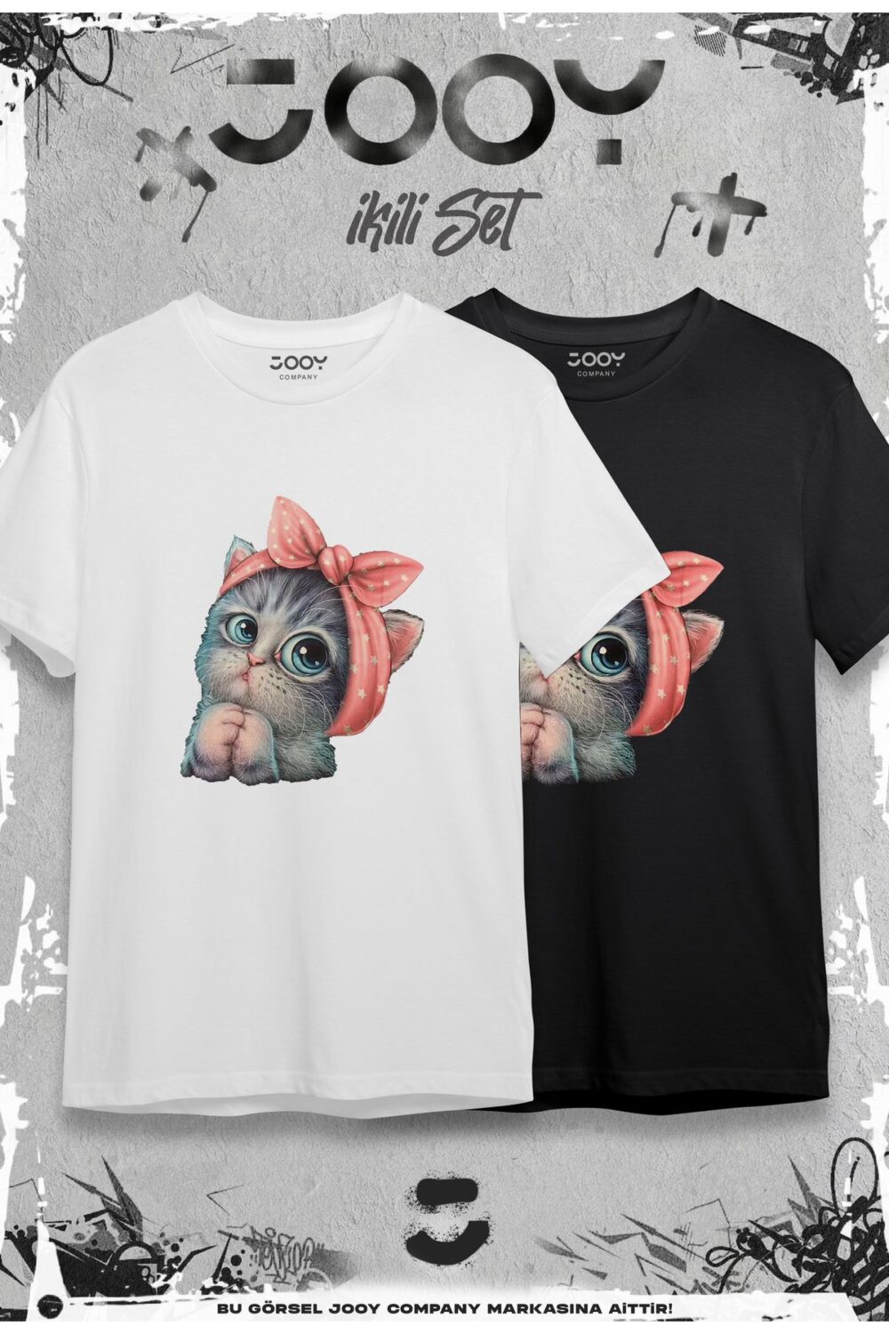 Sevimli Kedi Baskılı Oversize Geniş Kalıp T-Shirt Siyah Beyaz 2’li Set