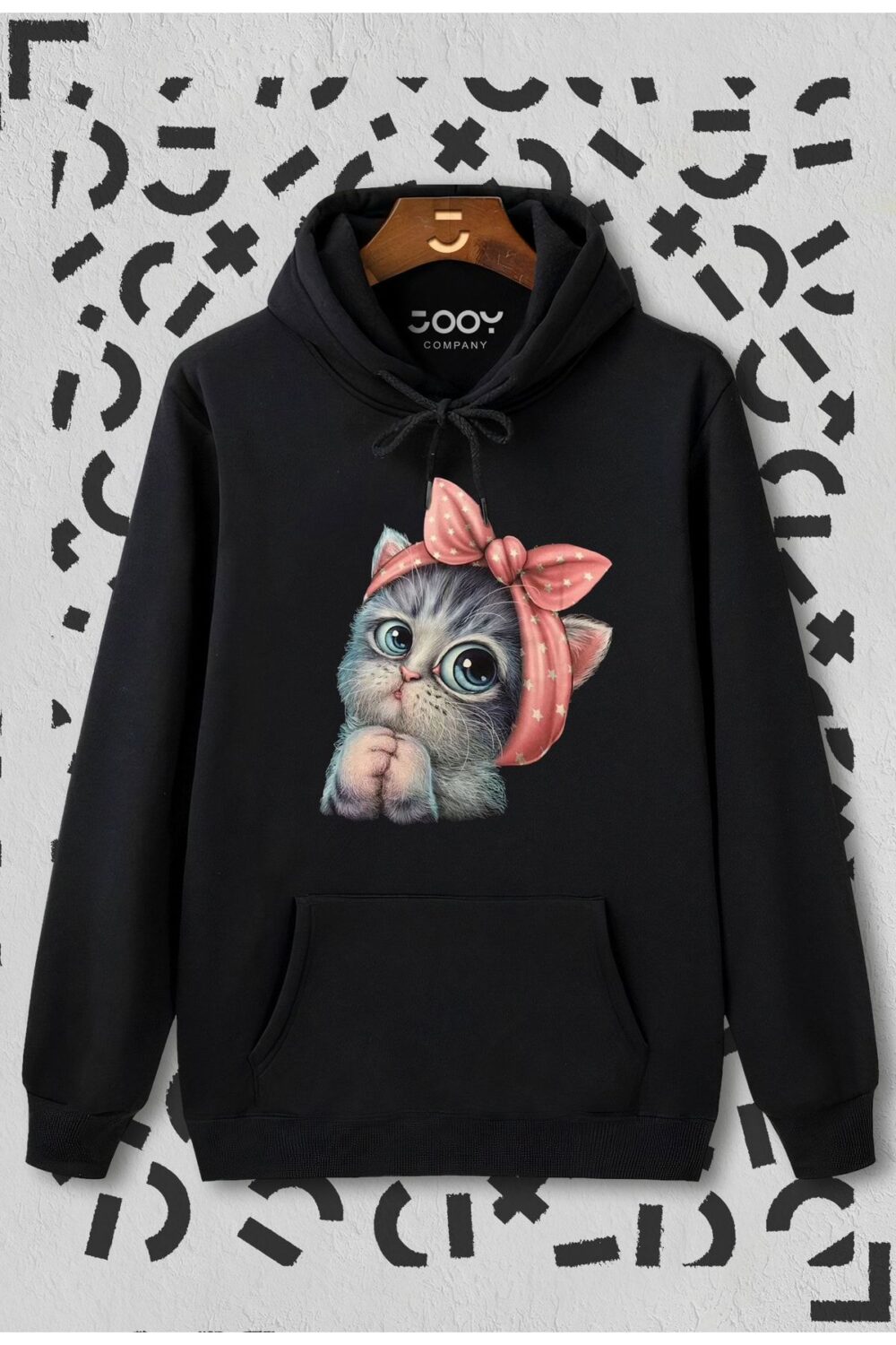 Sevimli Kedi Baskılı Siyah Kapüşonlu Sweatshirt