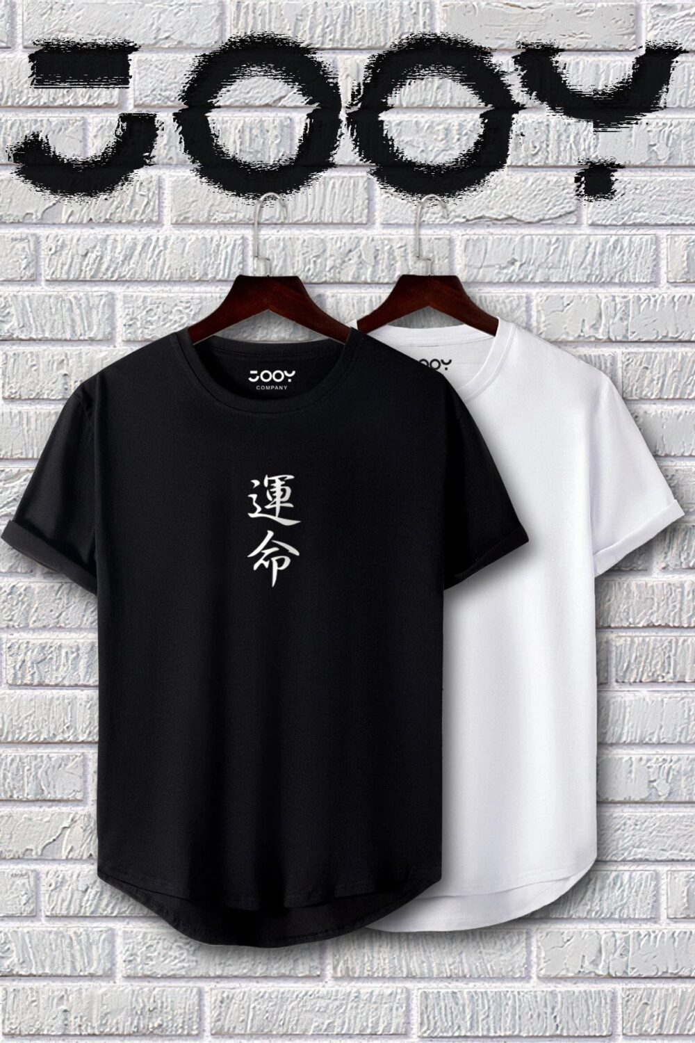 Siyah Beyaz Japonca Destiny Baskılı Slim Fit Tshirt 2’li Set