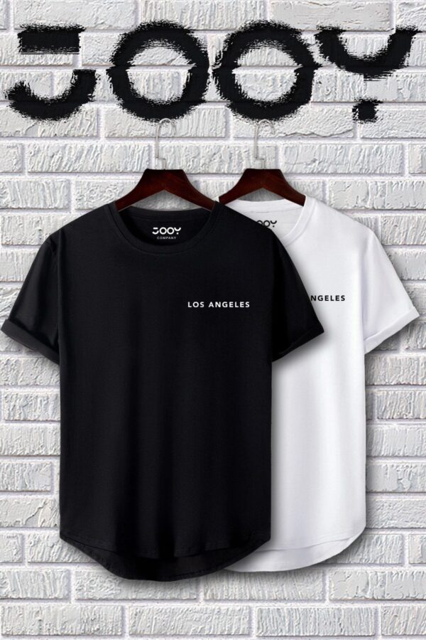 Jooy Company-Siyah Beyaz Los Angeles Baskılı Slim Fit Tshirt Ikili Set