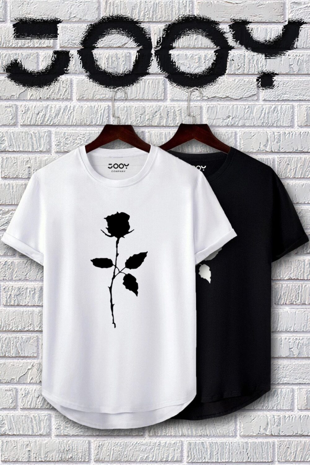 Siyah Beyaz Oval Kesim Gül Tasarım Tshirt 2’li Set