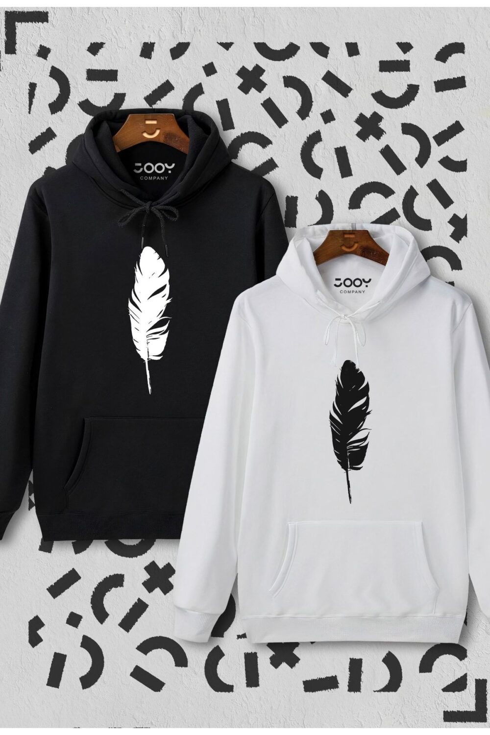 Siyah Beyaz Tüy Baskılı Kapüşonlu Sweatshirt 2’li Set