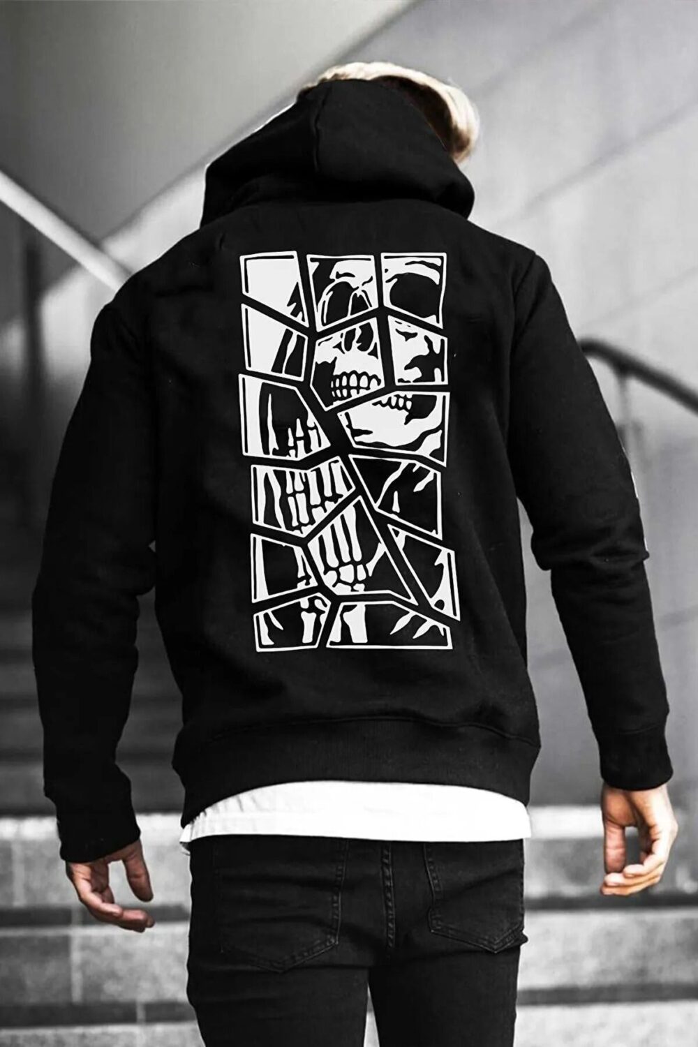 Skull Baskılı Siyah Erkek Kapüşonlu Sweatshirt Hoodie