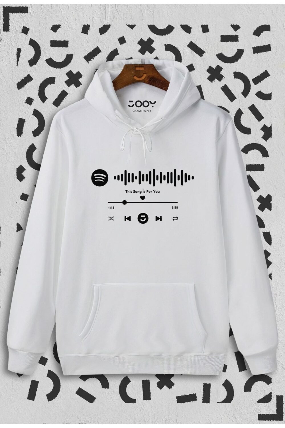 Spotify Müzik Barkodlu Beyaz Kapüşonlu Sweatshirt