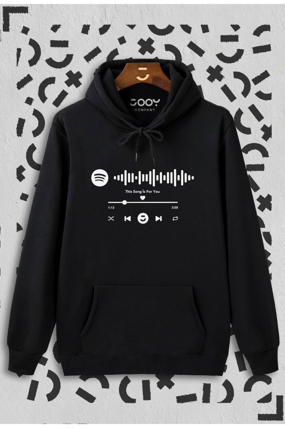 Spotify Müzik Barkodlu Siyah Kapüşonlu Sweatshirt